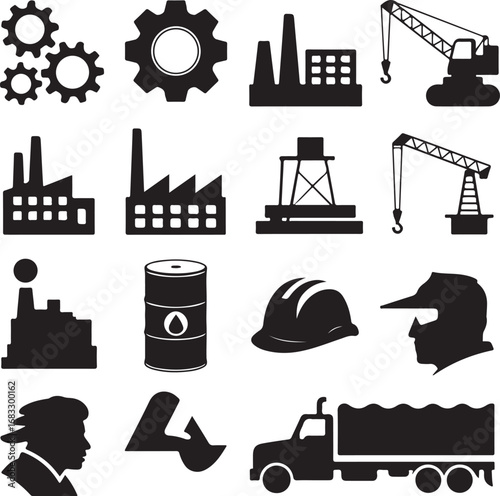 Industrial icons including factories gears crane oil barrel and truck Keywords: industrial