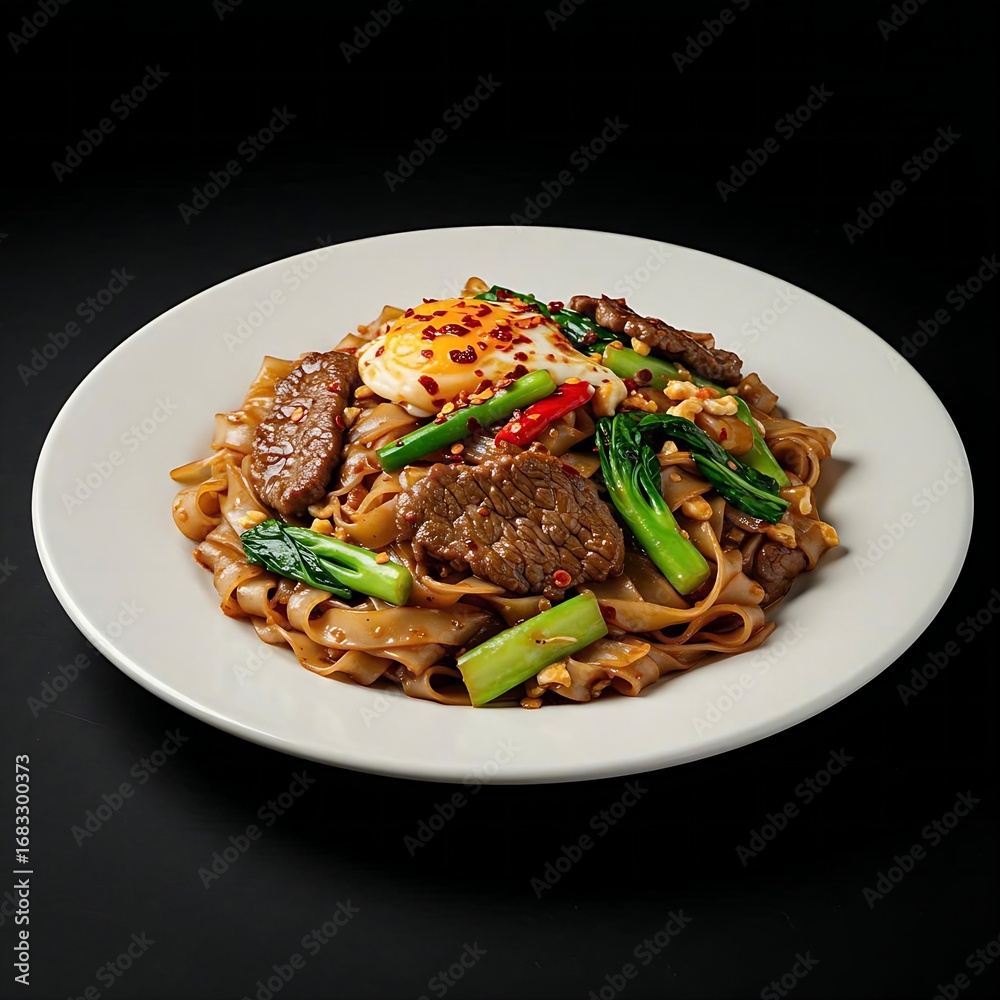 Fototapeta premium plate of Thai Pad See Ew (stir-fried wide rice noodles) with tender beef, Chinese broccoli, and egg, coated in a dark, savory sauce, garnished with chili flakes