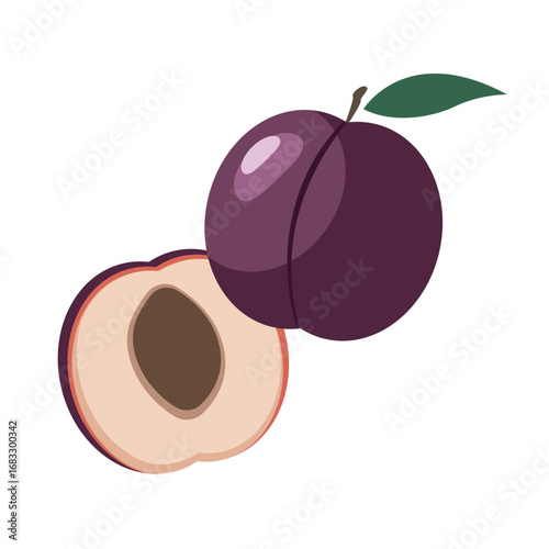 Fresh plums fruits. Whole and half Plum. Organic plum fruit. Vector icon illustration isolated on white background.