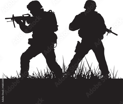 Two soldiers in silhouette aiming rifles in grassy field Keywords: soldiers, military, army