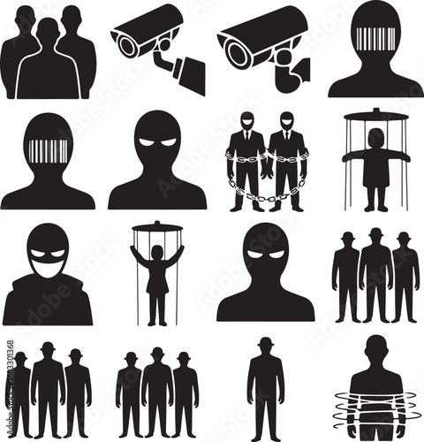 Surveillance and control icons with CTV figures and puppets Keywords: surveillance, control