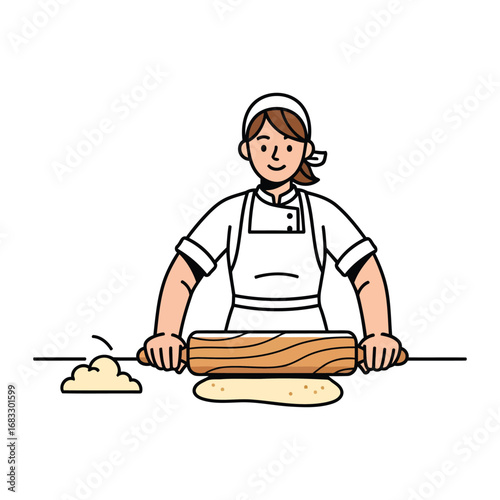 A baker rolling dough with a rolling pin on a table, preparing food.