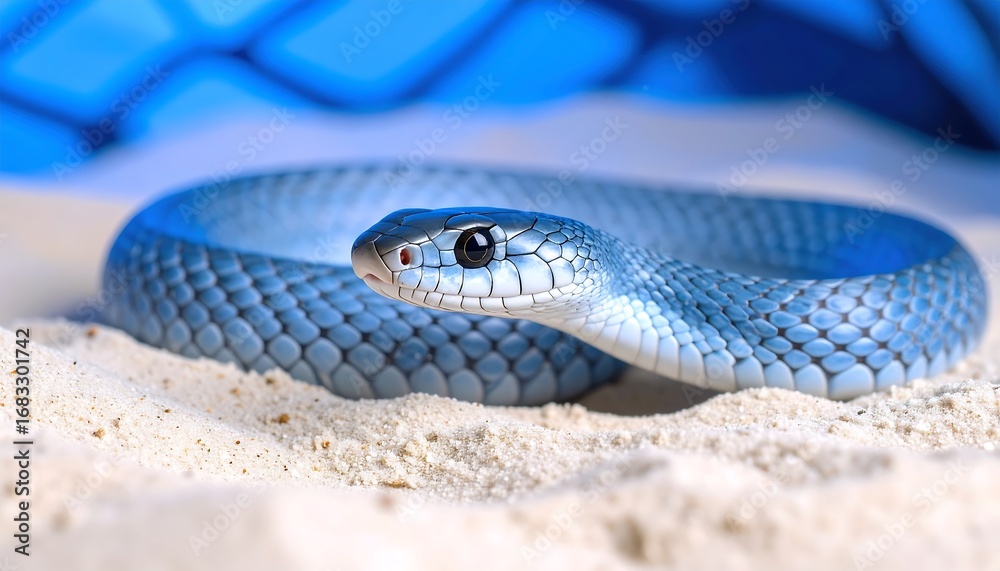 Fototapeta premium Blue Snake Coiled on Sand, Close-up Wildlife Scene