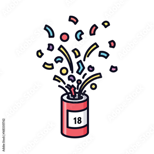 A red party popper exploding with colorful confetti and streamers, celebrating the number 18.