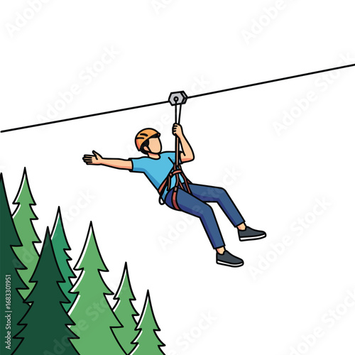 A man is ziplining through a forest, wearing safety gear.
