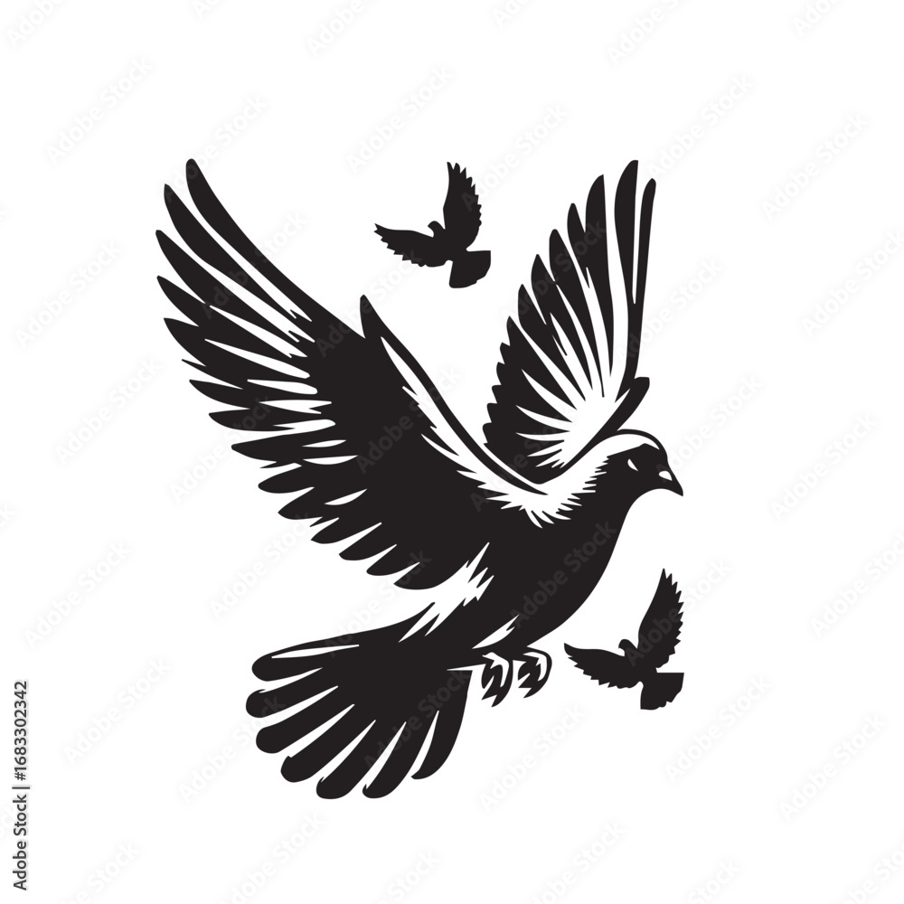 Fototapeta premium Dove Silhouette Vector Set Black and WhiteFlying Dove Bird Outline CollectionPeace Dove Silhouette Illustration Pack