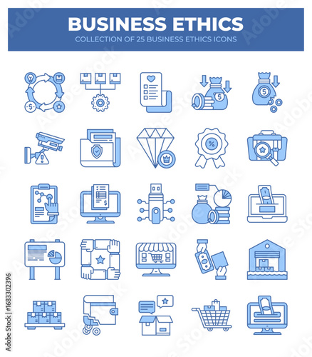 Collection of 25 Business Ethics Icons. A Guide to Ethical Business Practices