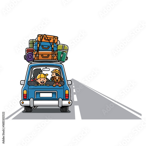 Cartoon family with a dog on a road trip in a blue car packed with luggage on the roof rack.