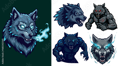 Collection of powerful werewolf and mythical wolf mascot illustrations with glowing eyes for team logos