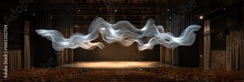 Large, light, flowing textile art hangs suspended in a grand hall