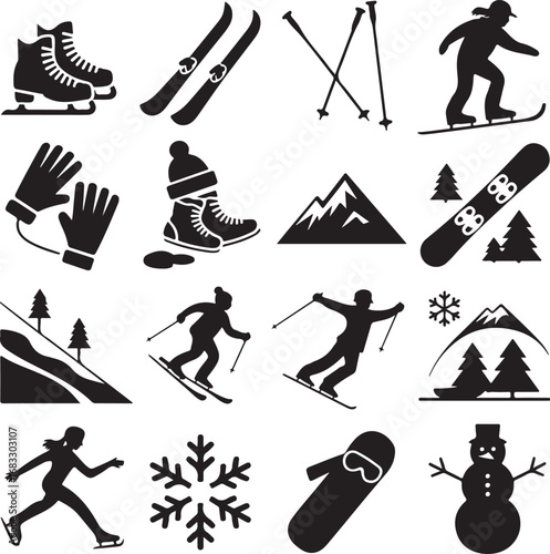 Winter Sports Icons Silhouette Collection For Snowboarding And Ice Skating ice skates skis