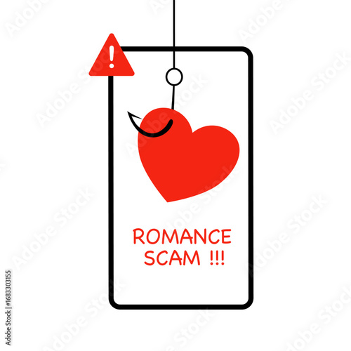 Romance scam, online dating phishing scam. Scammer with phishing hooks on women heart, fraud chatting on victim woman. Cyber crime, vector.