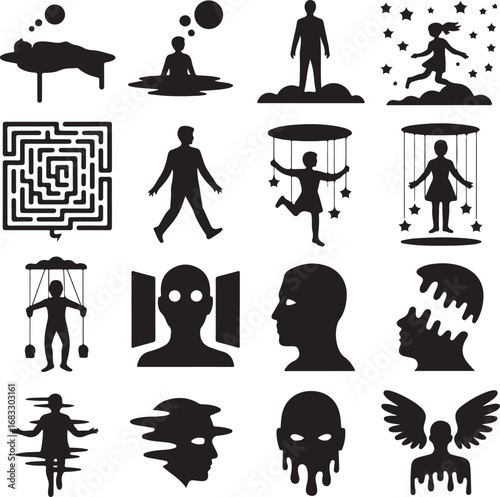 Silhouette icons representing dreams imagination and mental states thought mind