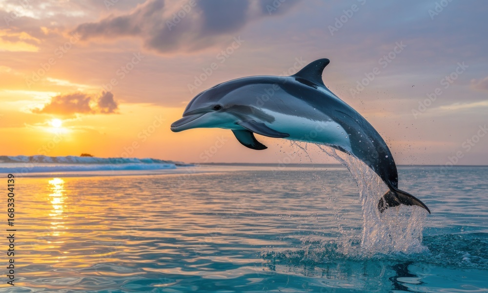 Fototapeta premium Dolphin leaps at sunset over tranquil ocean