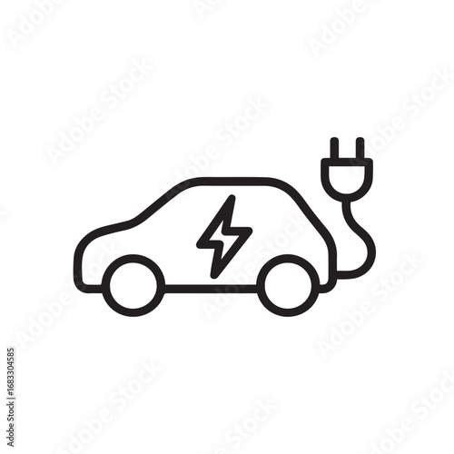 Vector Line Icon of Electric Car with Charging Plug for Eco Transport
