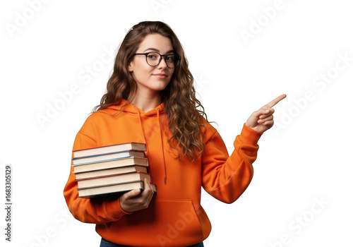 Young woman in orange hoodie holding books and pointing with glasses intelligent studious person transparent background