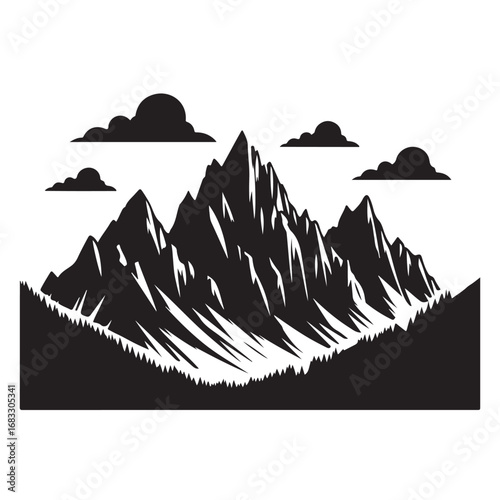 Majestic mountain range with a serene lake and trees silhouette 