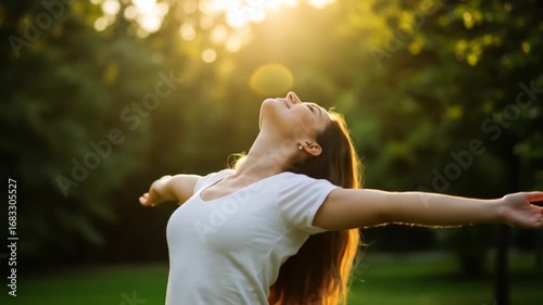Woman embracing sunlight in lush green park
