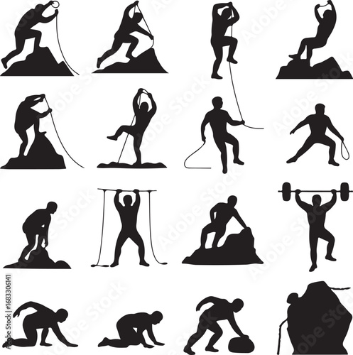 Silhouette Icons Of People Climbing Mountains And Lifting Weights rock climbing mountaineering