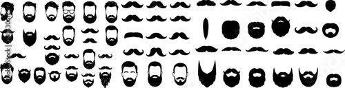 Large collection of men’s beard and mustache silhouettes in black vector style, ideal for barbershop logos, avatars, grooming guides, and design elements.