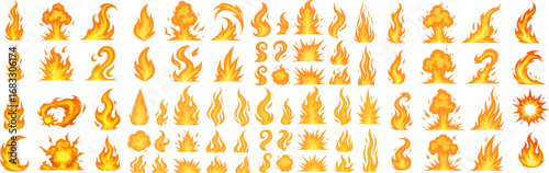 Large set of fiery cartoon flames, bursts, and explosions in bright orange vector style, perfect for UI, games, stickers, animation.