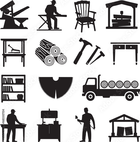 Woodworking and Carpentry Tools and Equipment Silhouettes vector illustration
