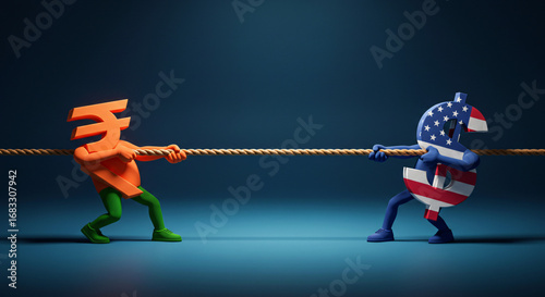 Dollar and Rupee Tug of War - Symbol of India USA Economic Conflict and Trade Dispute