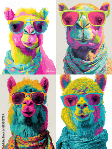 Vibrant pop art illustration of llamas wearing sunglasses and scarves, showcasing bold colors and modern trendy animal artwork for fun design projects.
