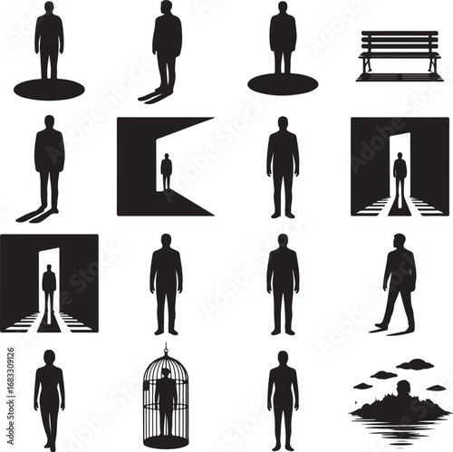 Conceptual silhouettes of people in various scenarios and environments Keywords: silhouette, man
