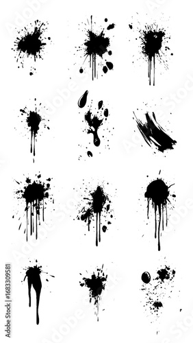 Set of Black Paint Drops and Splatters Creative Design Pack. Vector illustration.