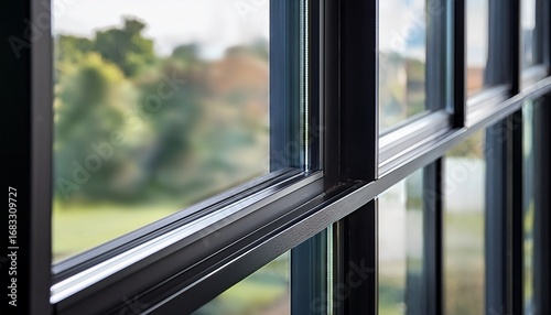 a close up of a black aluminum window frame with double glazed glass showing the sharp precise lines of modern architecture
