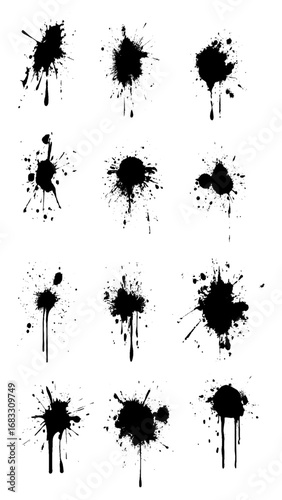 Black Paint Splatter Bundle High-Resolution Texture Set. Vector illustration.