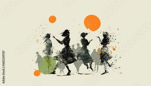 Silhouettes of dancing figures in a textured style, with orange circles and light green circle