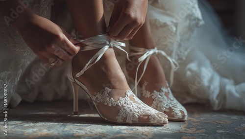 Bride tying lace-up shoes