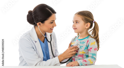Girl child Examines Patient. girl physician Young doctor Happy Doctor Friendly pediatrician Patient