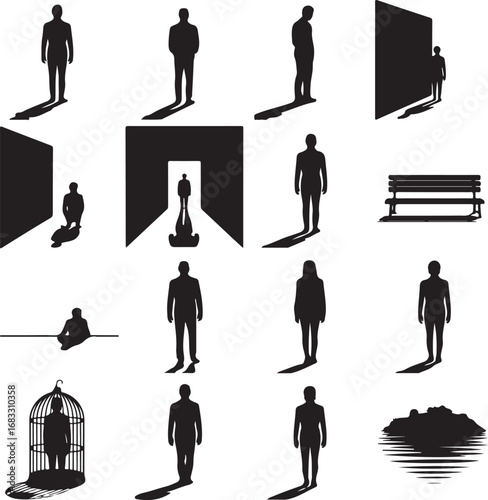 Silhouette of people with shadows in various abstract settings woman