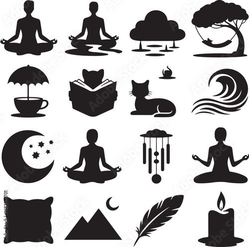 Silhouette icons of yoga meditation and relaxation elements peace