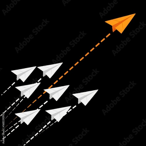 Orange paper airplane leads white airplanes flying upward against showing leadership white background