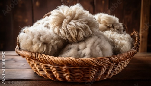freshly sheared sheep wool piled in a basket on a wooden table raw and unprocessed with visible lanolin and natural curls organic texture of the fleece