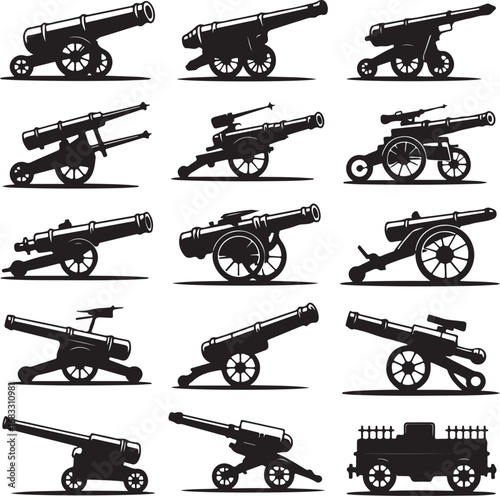 Collection of historical artillery cannons and military weapon silhouettes vector illustration