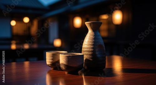 Dusk scene of traditional Japanese pottery sake set on a wooden table
