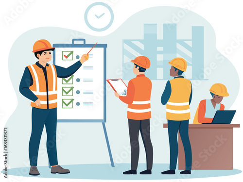 “Construction Workers Safety Training Illustration – Workplace Safety, Engineering Team Meeting, Occupational Health Checklist in Flat Vector Style”