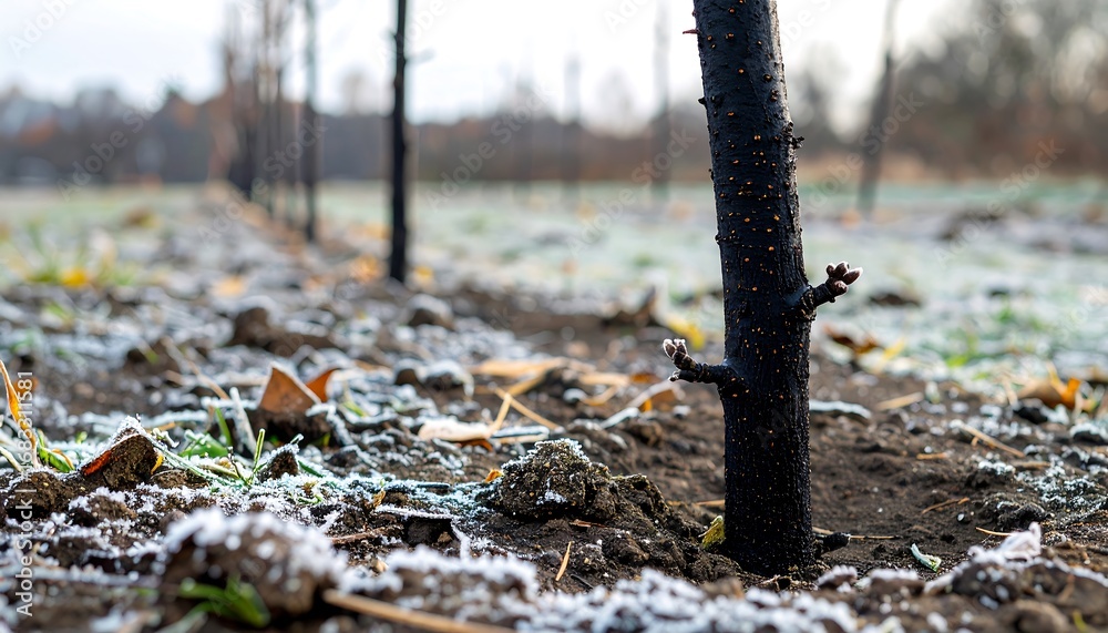 Obraz premium Close-up of a frost-covered tree trunk in a field, showcasing the dark, charred appearance of the stem and the delicate frost on the soil and leaves.