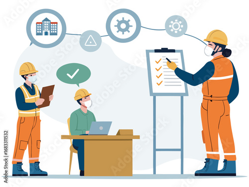“Construction Workers Safety Training Illustration – Workplace Safety, Engineering Team Meeting, Occupational Health Checklist in Flat Vector Style”