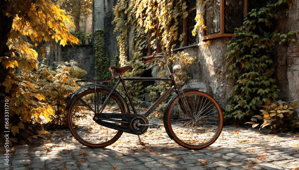 Fototapeta premium Vintage bicycle in an autumn garden setting