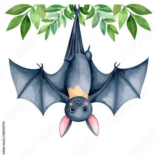 Watercolor illustration of a cute bat hanging upside down.