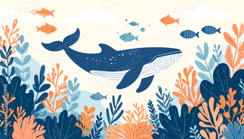 Gentle giant blue whale swimming among smaller fish illustration.
