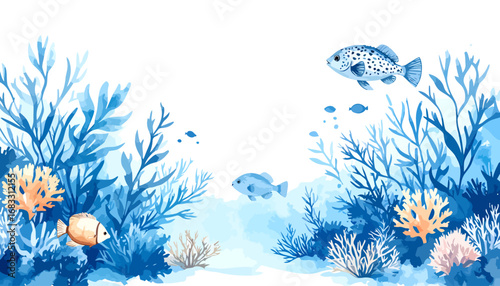 Watercolor painting of an underwater coral reef scene with fish.