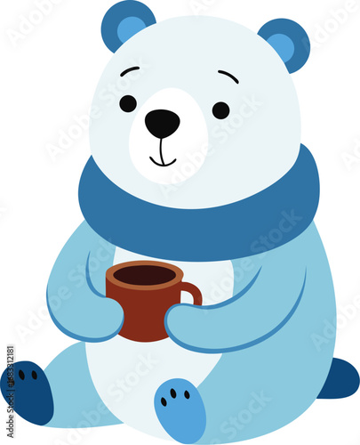 Cute Blue Bear with Scarf Holding a Mug of Hot Drink