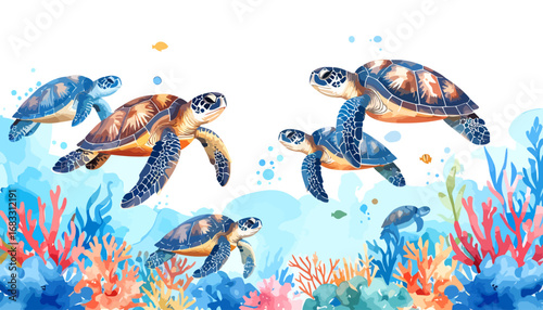 A beautiful watercolor illustration of several sea turtles swimming.